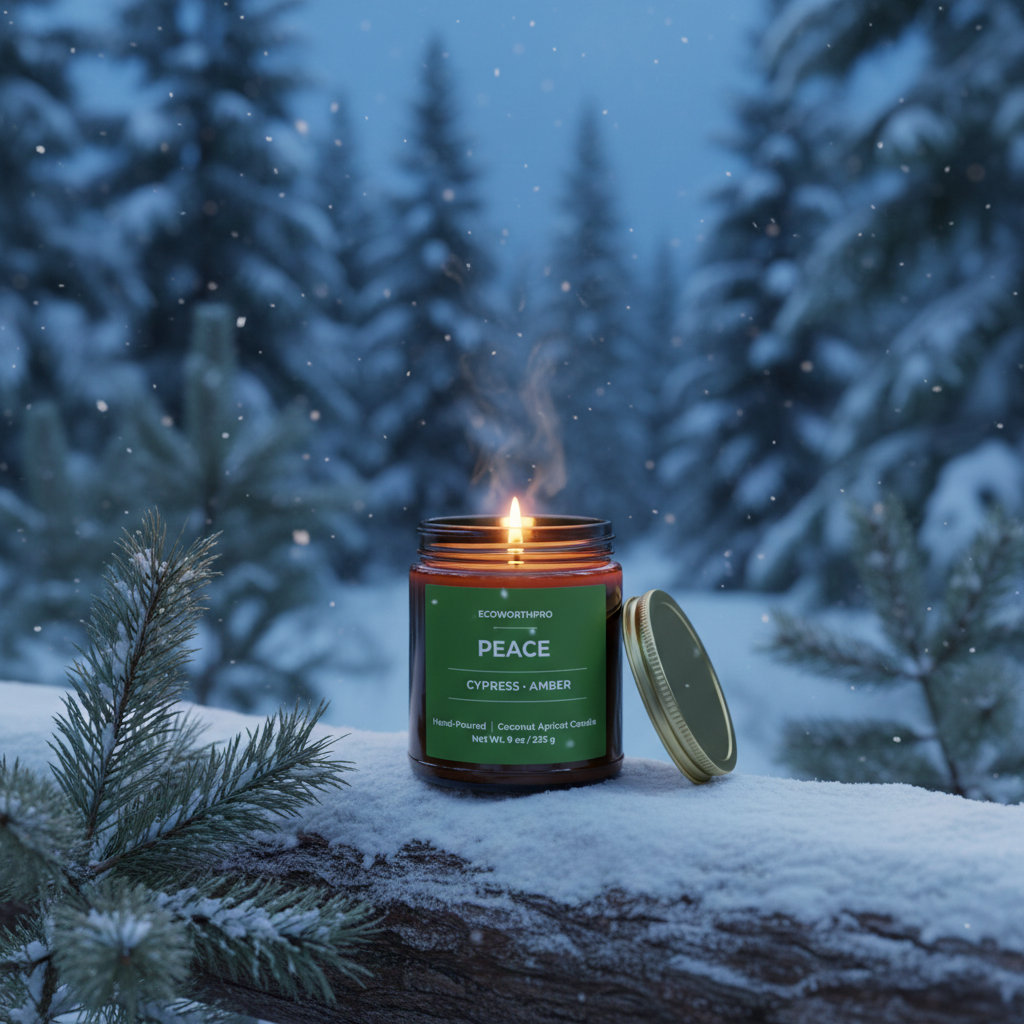 ECOWORTHPRO PEACE cypress and amber hand-poured candle burning in a snow-covered woodland forest