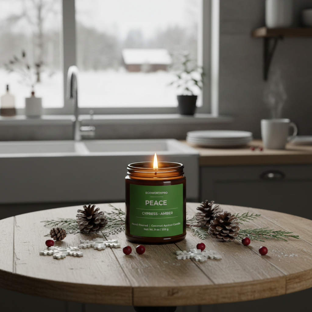 ECOWORTHPRO PEACE cypress and amber mini candle with lemon cypress cedar fir evergreen and moss botanicals on kitchen table