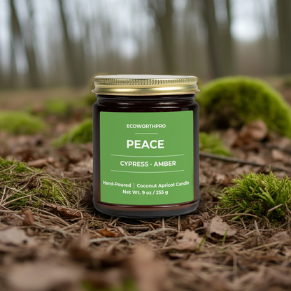 ECOWORTHPRO PEACE cypress and amber non-toxic candle displayed on a woodland forest floor surrounded by nature