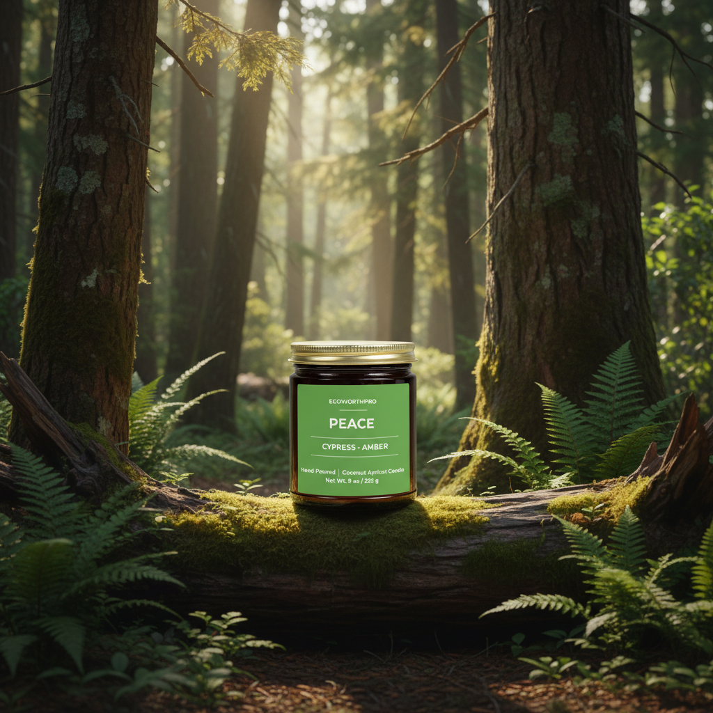 ECOWORTHPRO PEACE cypress and amber scented candle on rustic wood in a peaceful forest setting
