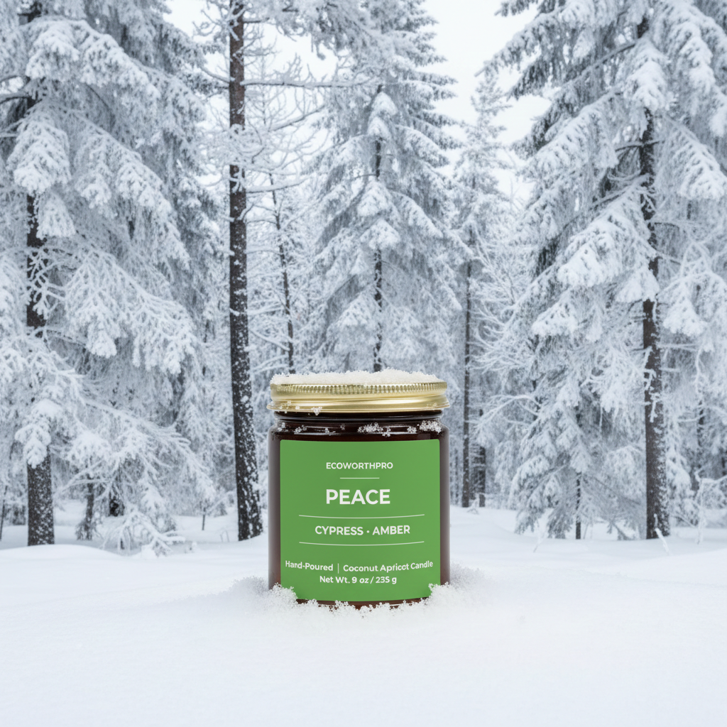 ECOWORTHPRO PEACE cypress and amber winter candle in reusable glass jar in a snow-covered woodland forest