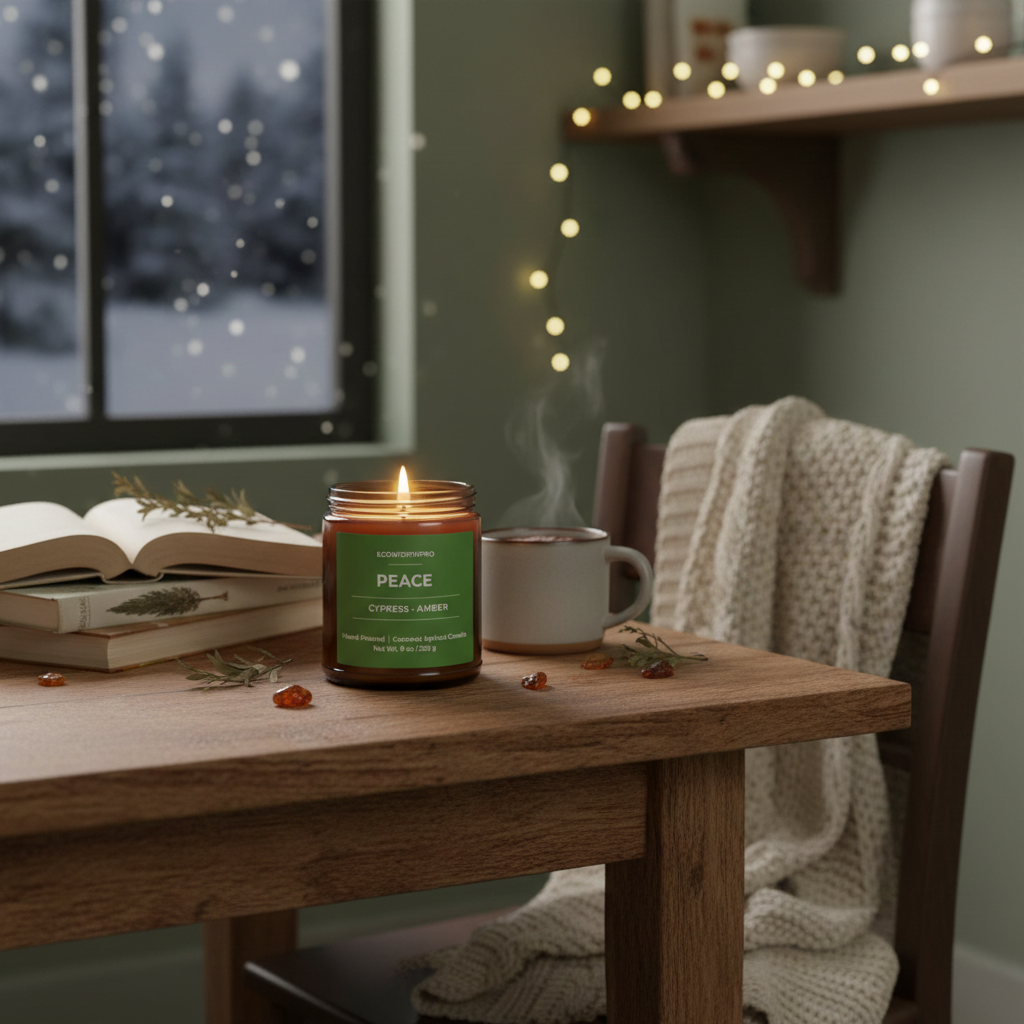 ECOWORTHPRO PEACE long-burning cypress and amber candle with books blankets and hot drink in cozy room with snow falling outside