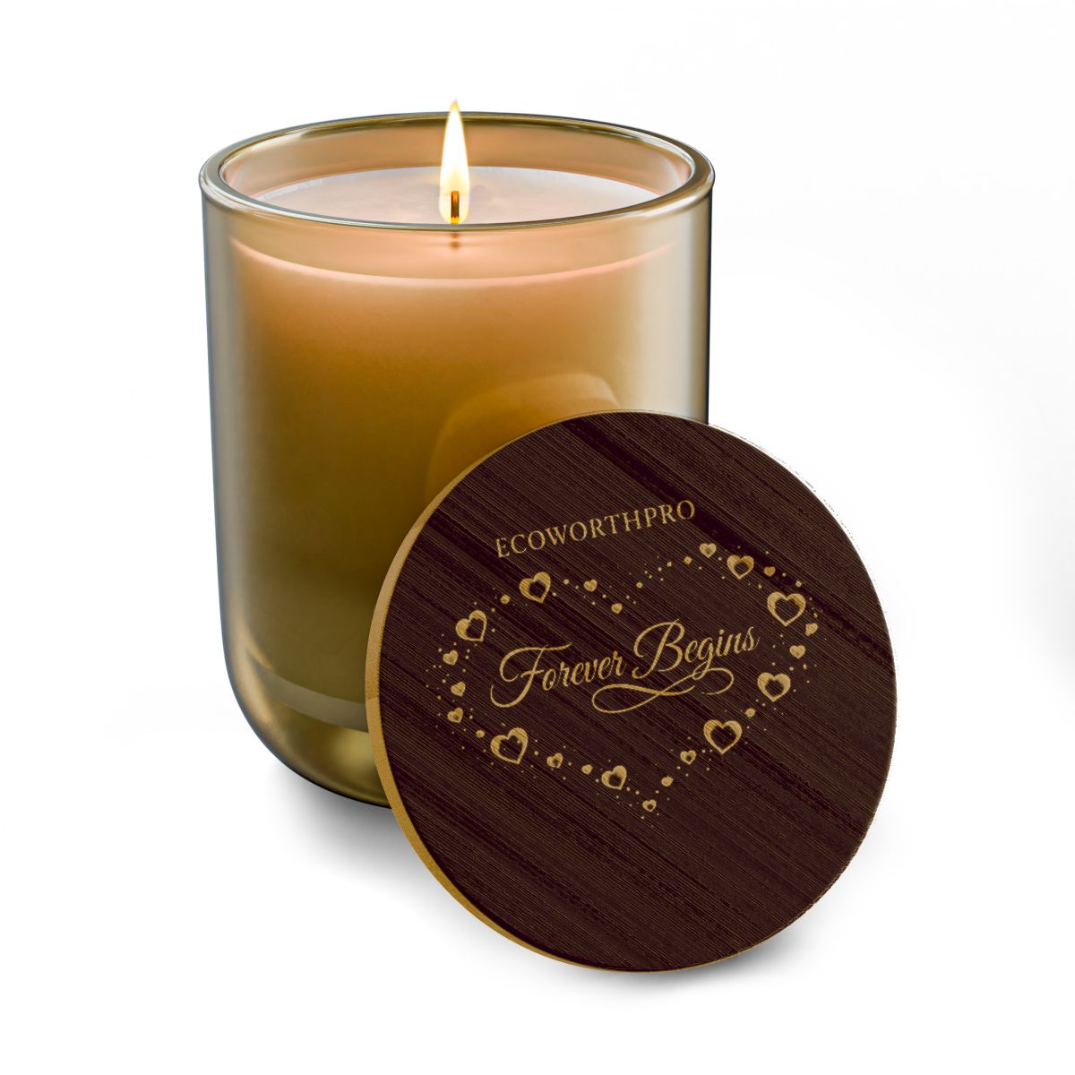 ECOWORTHPRO FOREVER BEGINS clean soy candle burning cleanly in a warm peach glass jar large soy candle