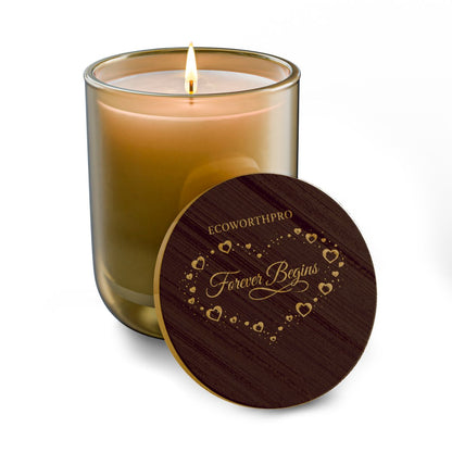 ECOWORTHPRO FOREVER BEGINS clean soy candle burning cleanly in a warm peach glass jar large soy candle