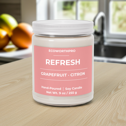 ECOWORTHPRO REFRESH citrus fruit candle with closed lid styled on a bright kitchen counter 