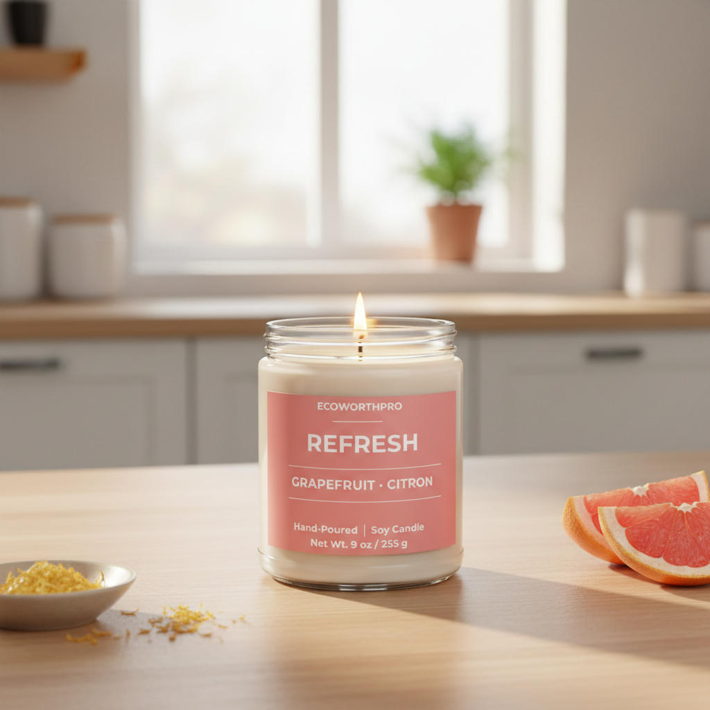 ECOWORTHPRO REFRESH zesty grapefruit and citron candle glowing beautifully next to fresh citrus fruits and lemon zest on a counter