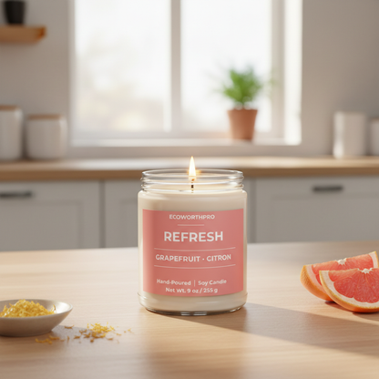 ECOWORTHPRO REFRESH zesty grapefruit and citron candle glowing beautifully next to fresh citrus fruits and lemon zest on a counter