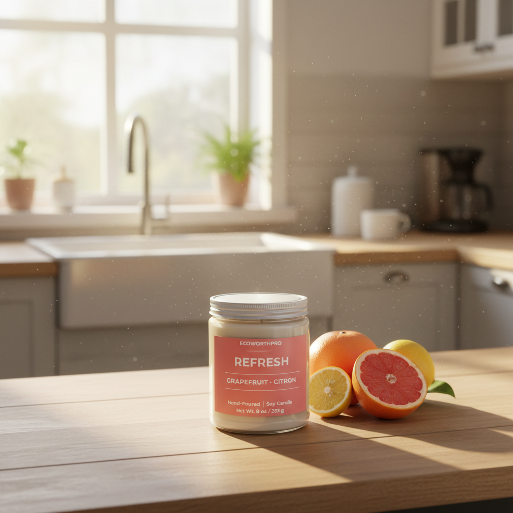 ECOWORTHPRO REFRESH clean formulation soy candle showing the premium secure lid and grapefruit citron notes label