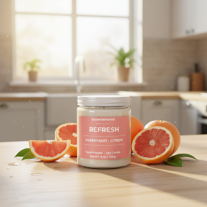 ECOWORTHPRO REFRESH grapefruit and citron soy candle with a secure lid on a kitchen worktop next to a fresh grapefruit