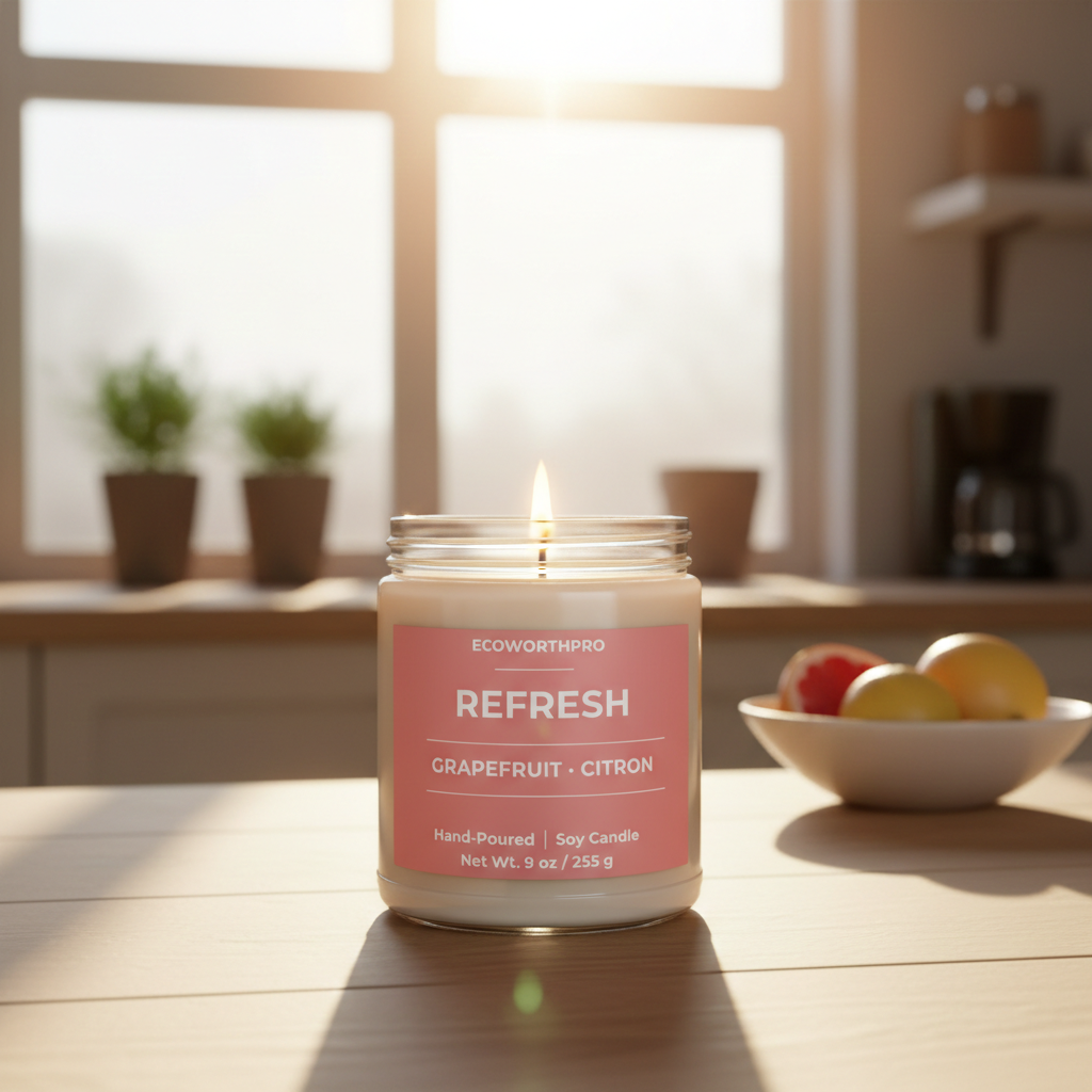 ECOWORTHPRO REFRESH 9oz clean soy candle wax lit and on a bright modern kitchen worktop