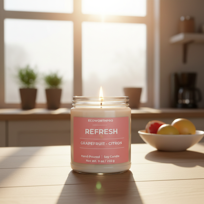 ECOWORTHPRO REFRESH 9oz clean soy candle wax lit and on a bright modern kitchen worktop
