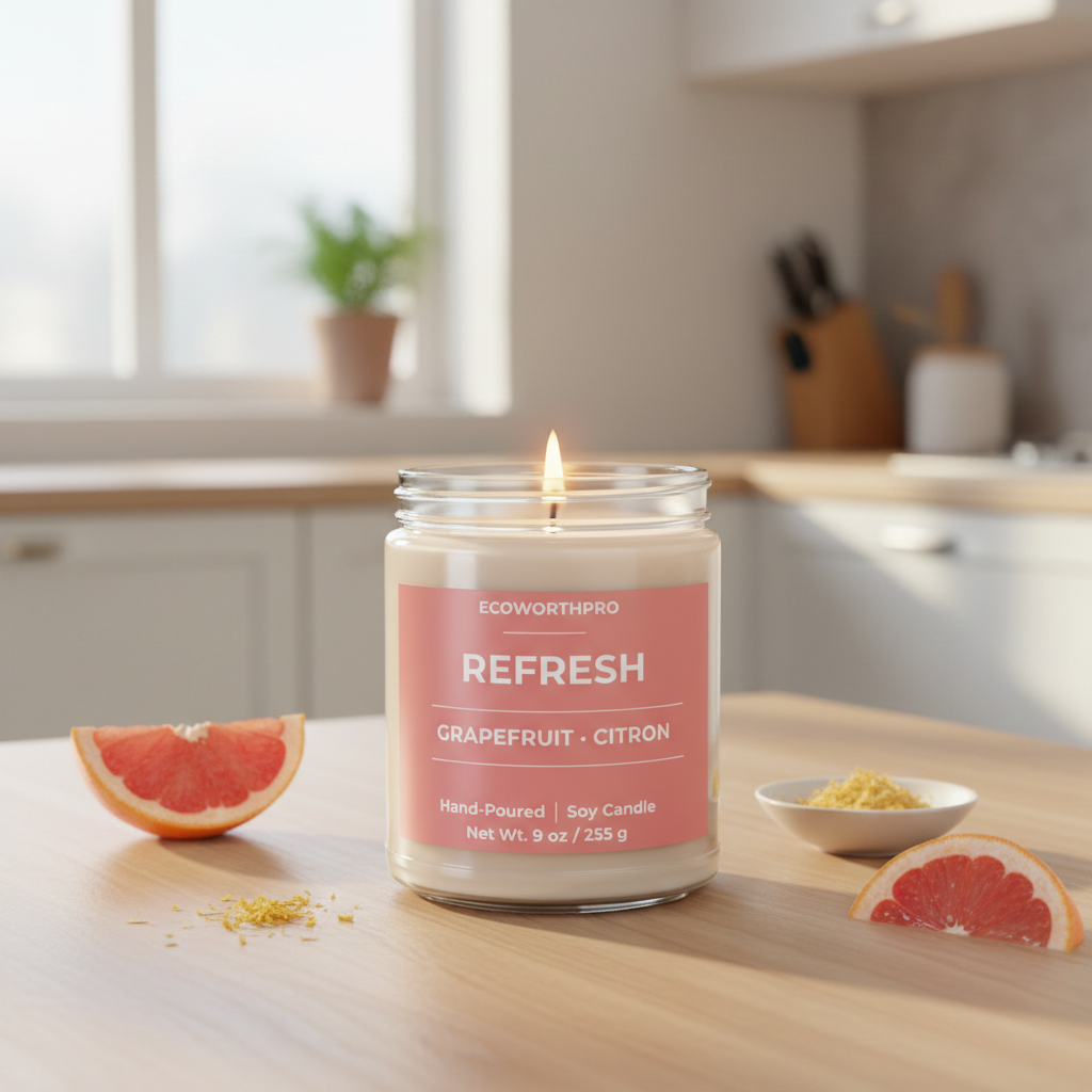 ECOWORTHPRO REFRESH citrus soy candle lit showing an even melting wax pool next to freshly cut grapefruit
