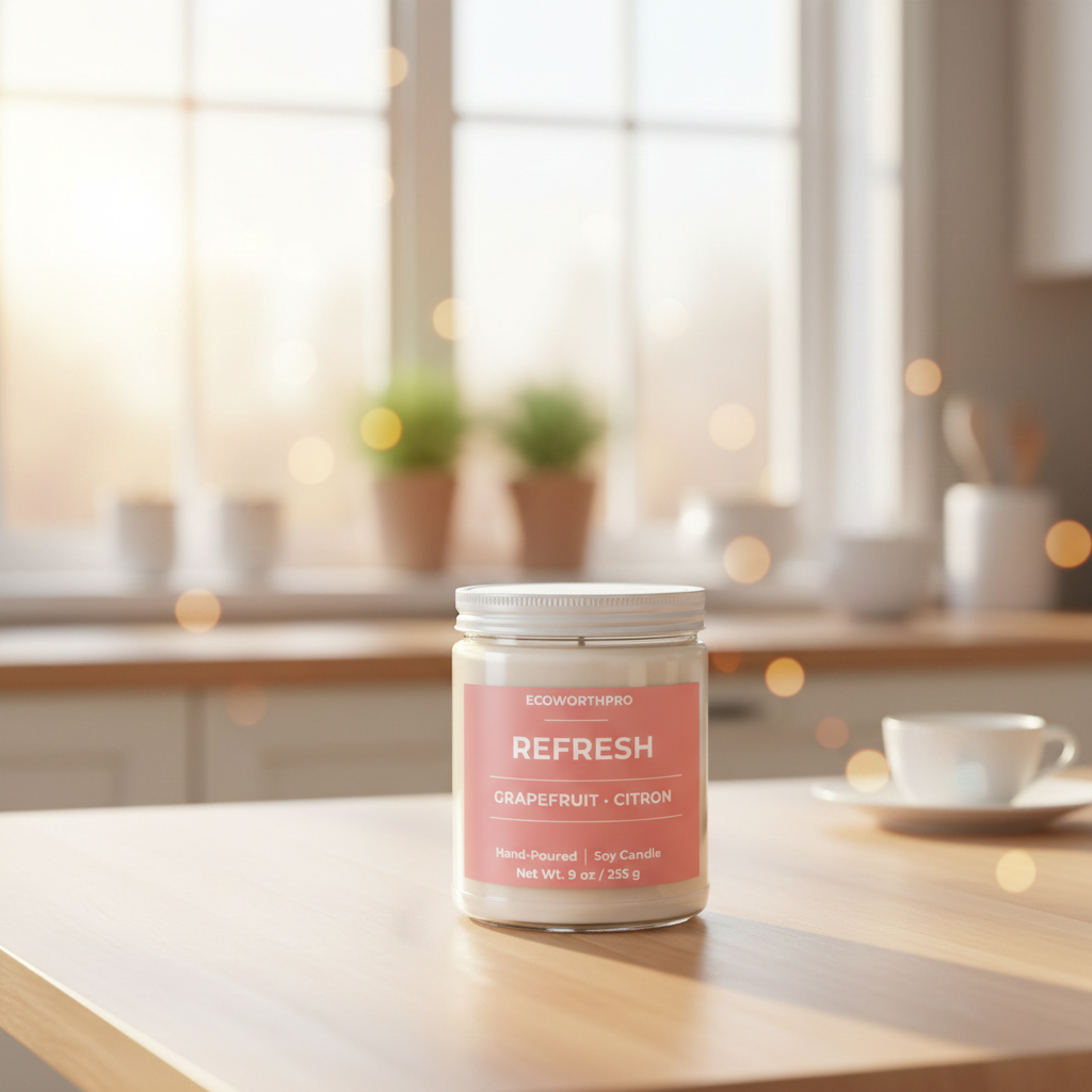 ECOWORTHPRO REFRESH Citrus candle  closed lid on a kitchen worktop