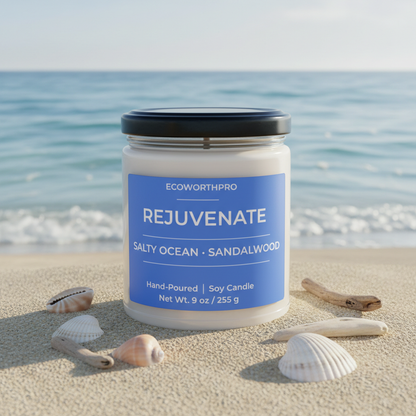ECOWORTHPRO REJUVENATE musk long-burning sea breeze candle on beach sand beside blue ocean waves
