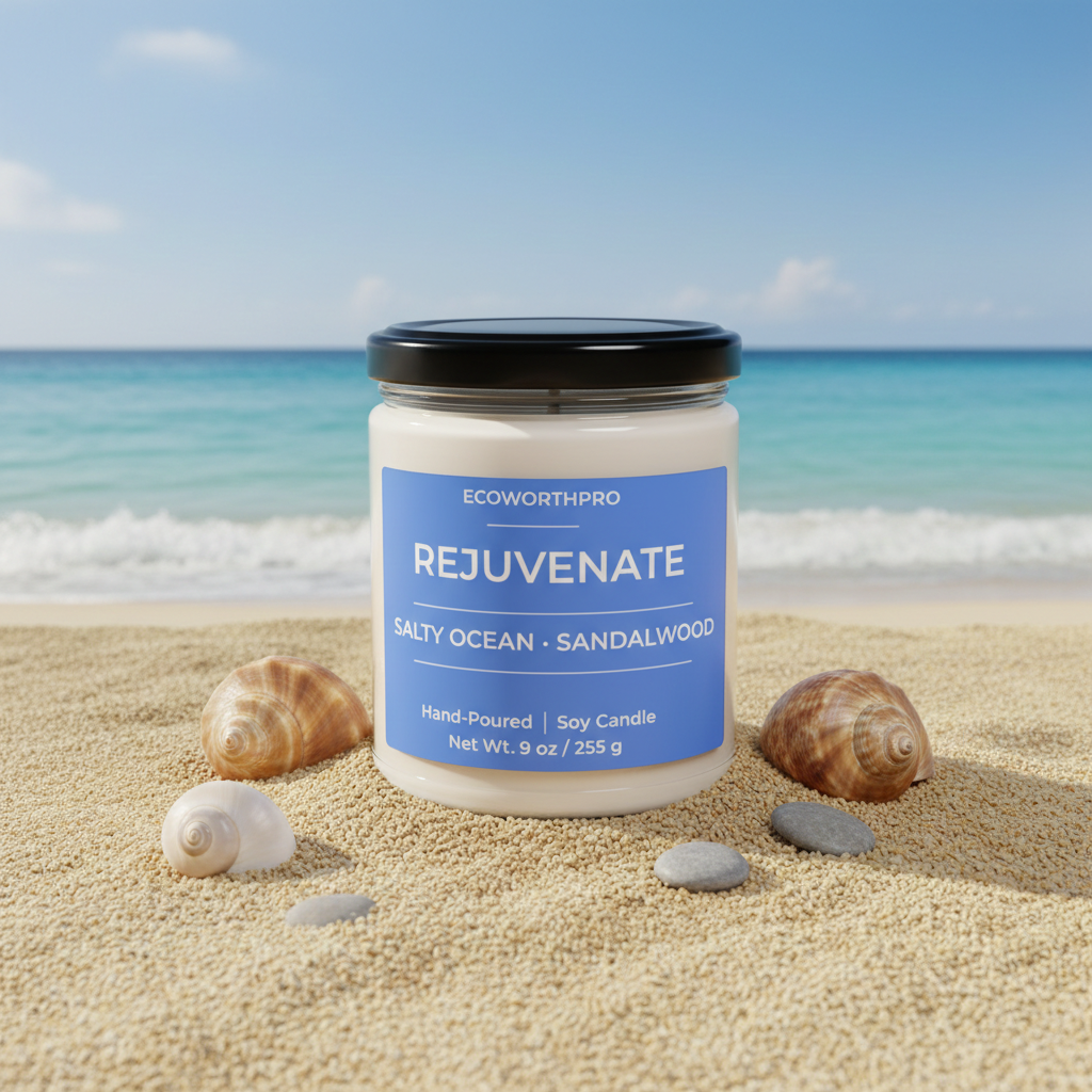 ECOWORTHPRO REJUVENATE salty ocean large soy candle on sea sand surrounded by seashells with blue ocean waves