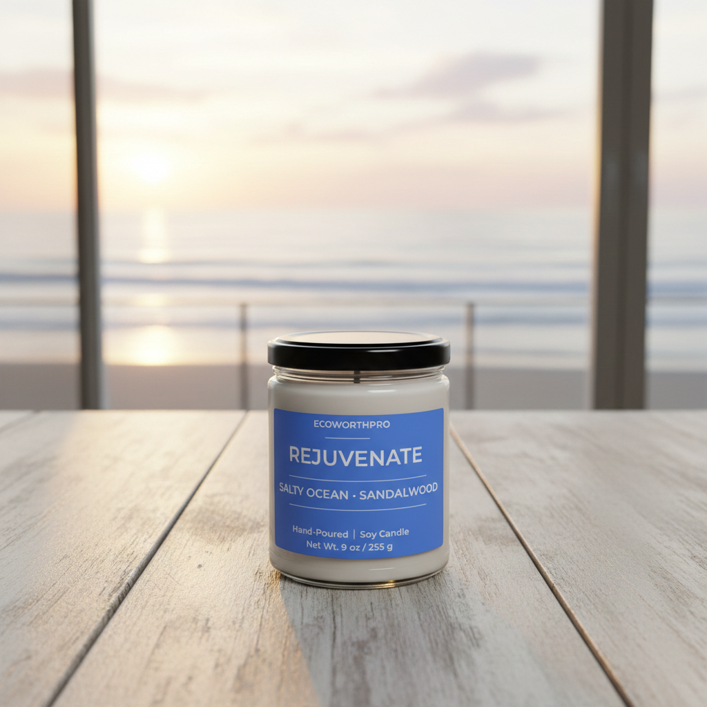 ECOWORTHPRO REJUVENATE salty ocean and musk eco-friendly seaside candle on seaside table overlooking blue ocean waves