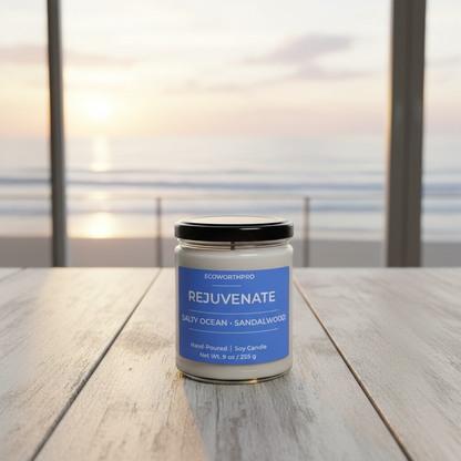 ECOWORTHPRO REJUVENATE salty ocean and musk eco-friendly seaside candle on seaside table overlooking blue ocean waves