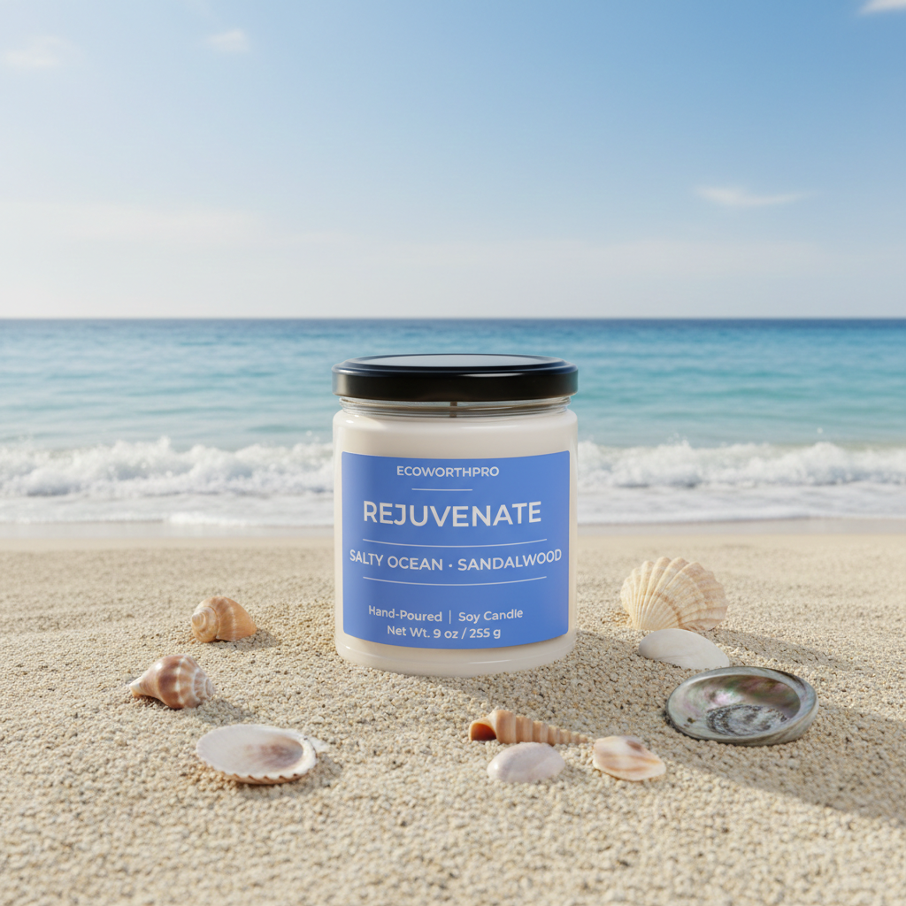 ECOWORTHPRO REJUVENATE salty ocean and sandalwood natural soy wax candle on seaside sand beside seashells overlooking ocean waves
