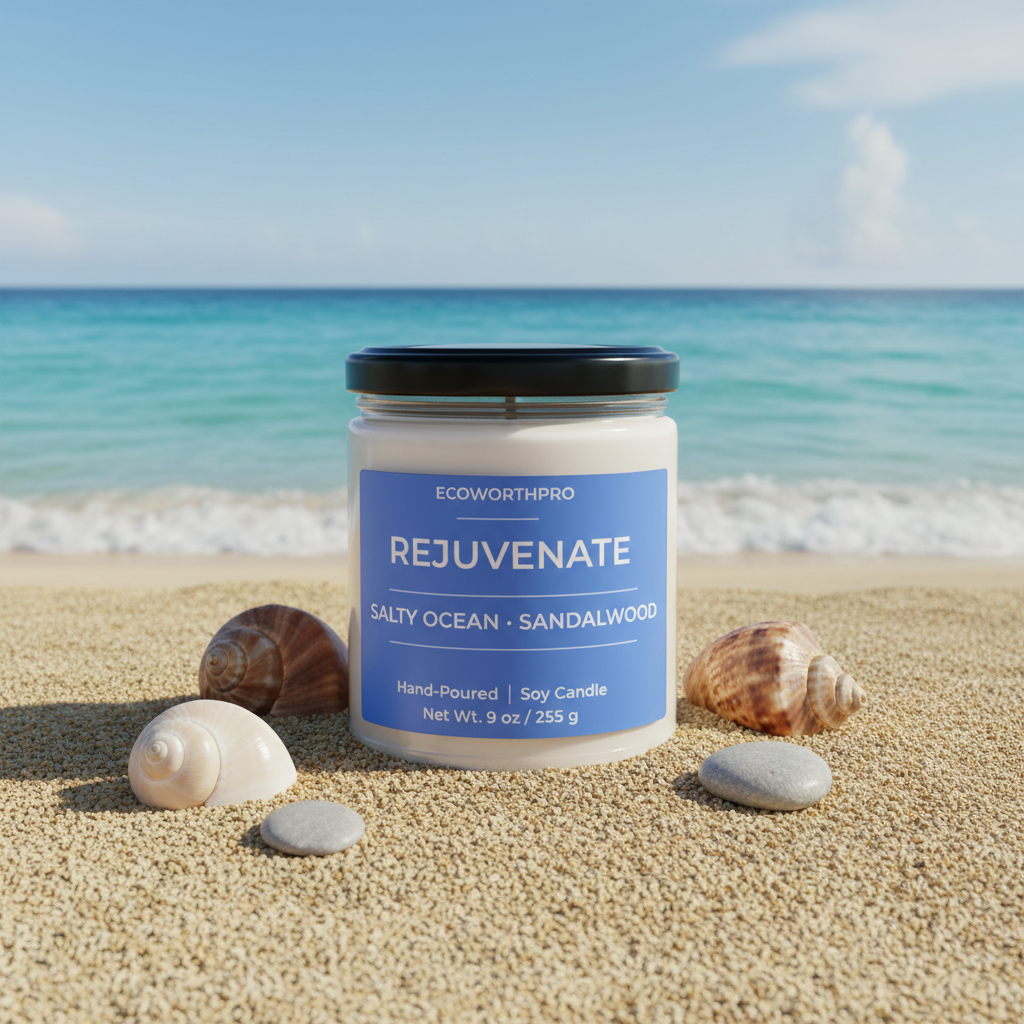 ECOWORTHPRO REJUVENATE sandalwood and musk coastal scented soy candle displayed on sandy beach with seashells