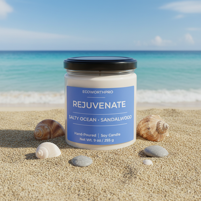 ECOWORTHPRO REJUVENATE sandalwood ocean scented candle displayed on beach sand with seashells and blue sea
