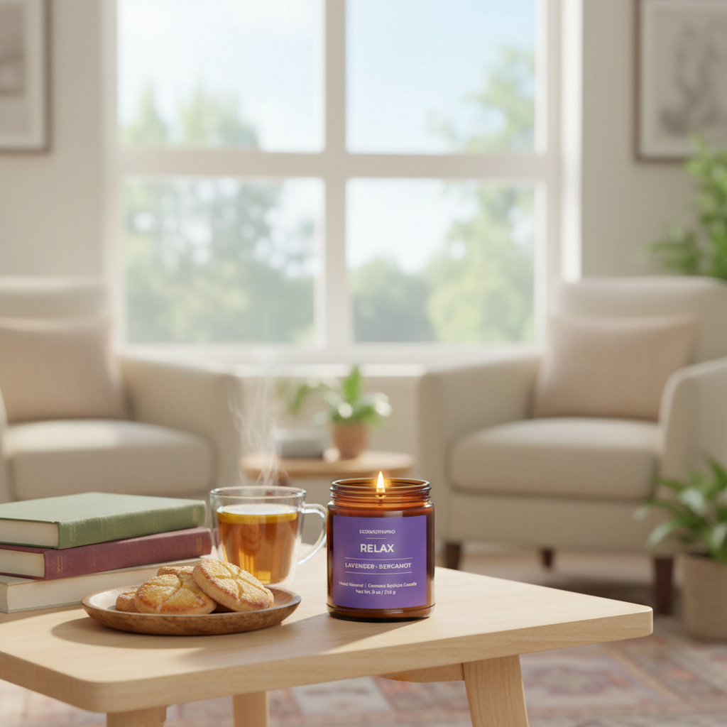 ECOWORTHPRO RELAX bergamot scented candle, clean-burning aromatherapy candle on centre table with tea, biscuits and books