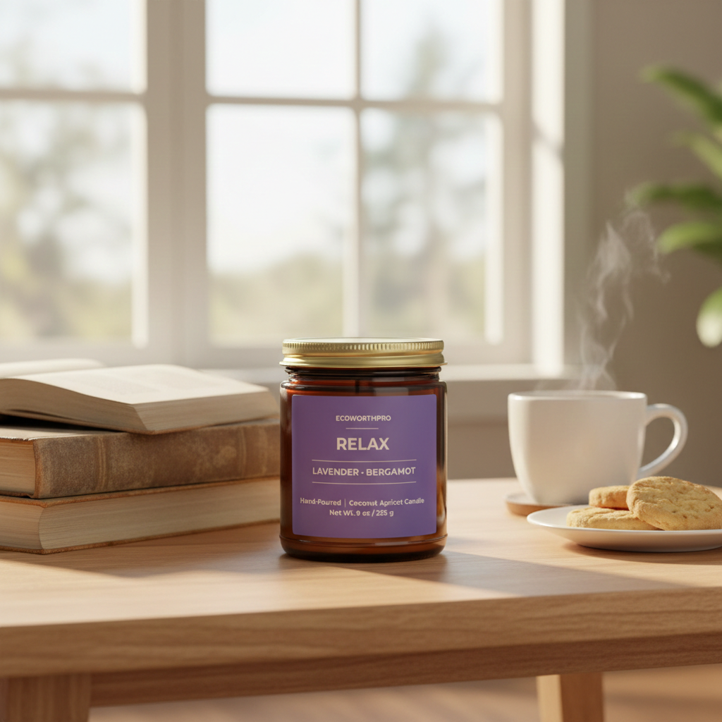 ECOWORTHPRO RELAX camphor and lavender candle, eco-friendly coconut apricot wax candle on living room table with tea, biscuits and books