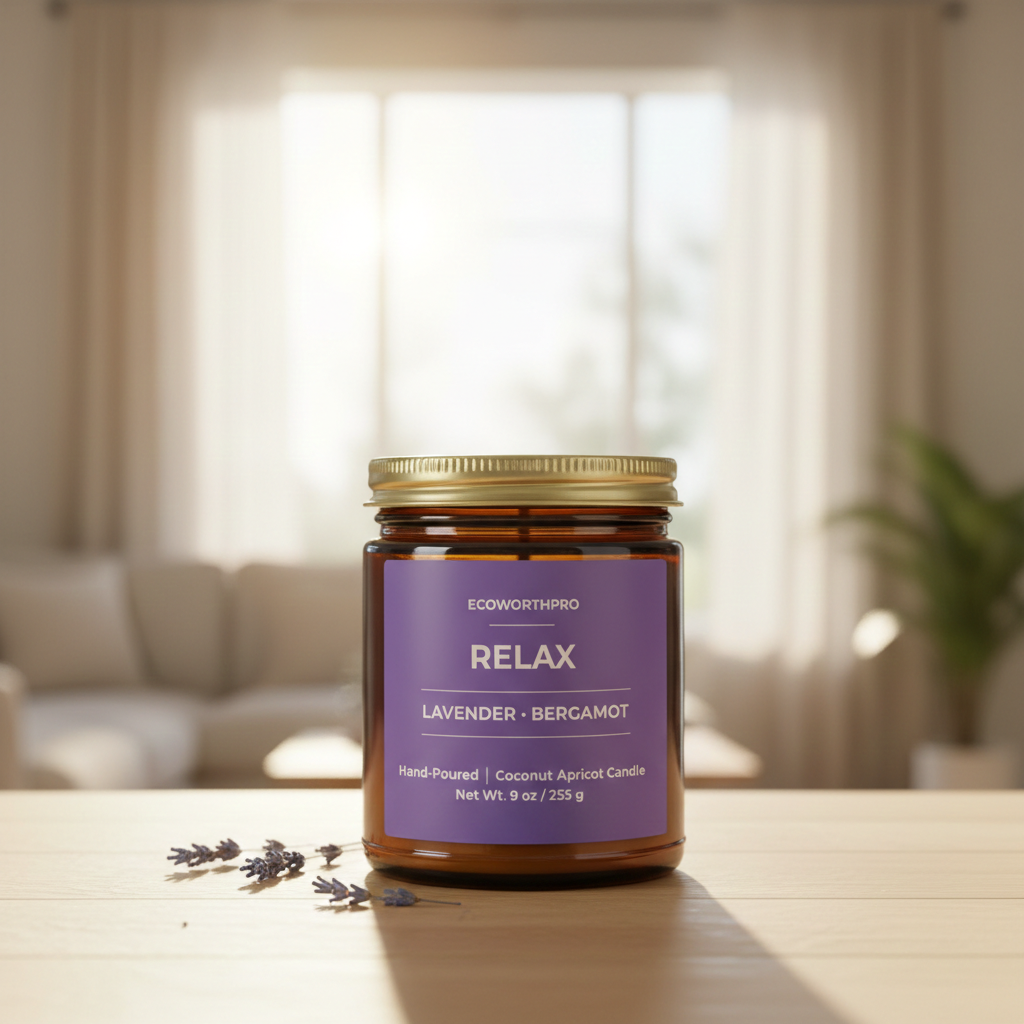 ECOWORTHPRO RELAX lavender candle, bergamot candle surrounded by fresh lavender sprigs on living room table