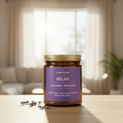 ECOWORTHPRO RELAX lavender candle, bergamot candle surrounded by fresh lavender sprigs on living room table