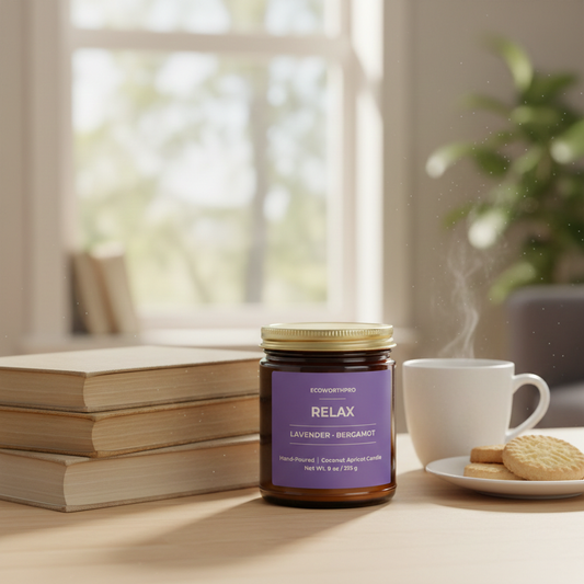 ECOWORTHPRO RELAX lavender and bergamot scented candle, coconut apricot wax candle on living room table with tea, biscuits and books