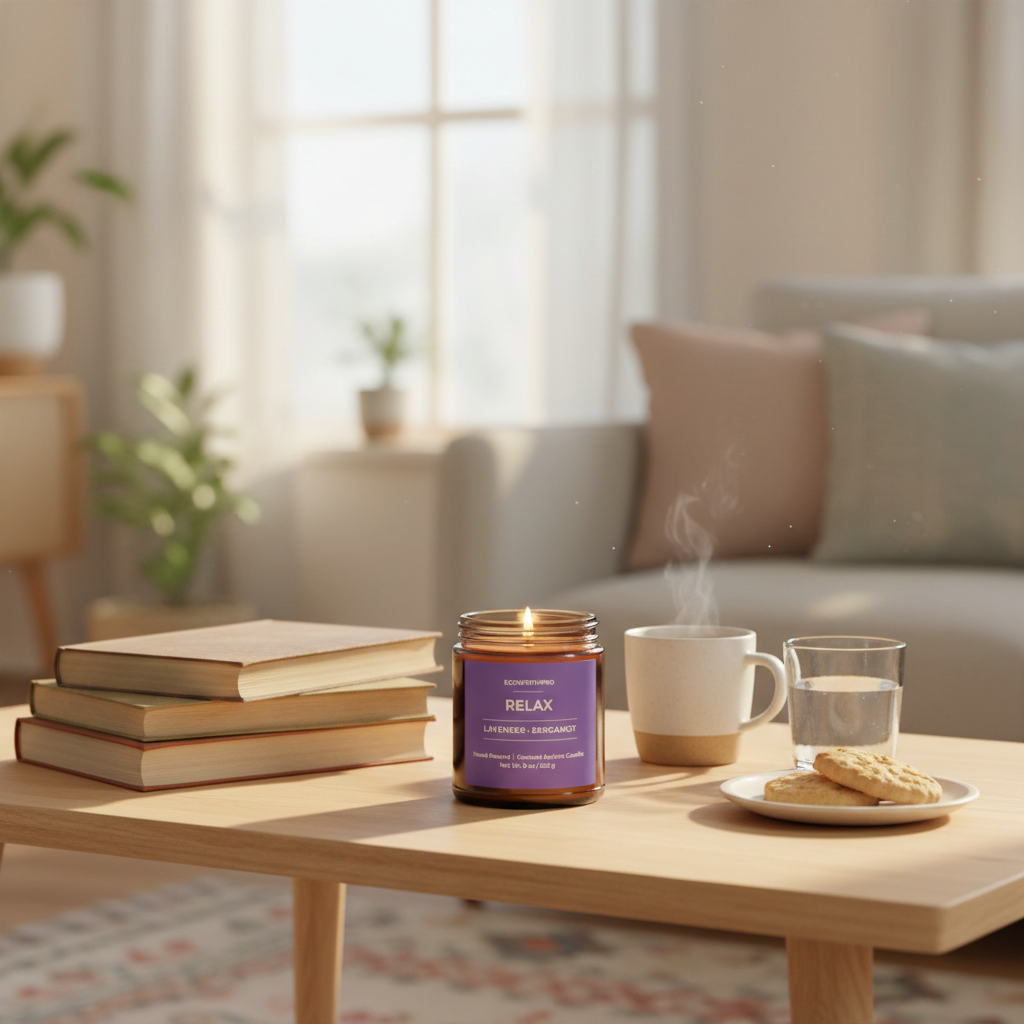 ECOWORTHPRO RELAX lavender and citrus candle, hand-poured coconut apricot wax candle burning beside tea, biscuits and books