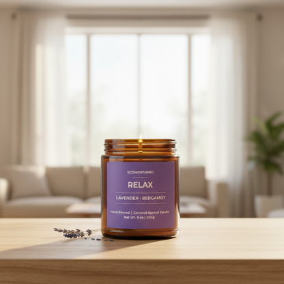 ECOWORTHPRO RELAX lavender and eucalyptus candle, long-burning relaxation candle burning with fresh lavender on living room table