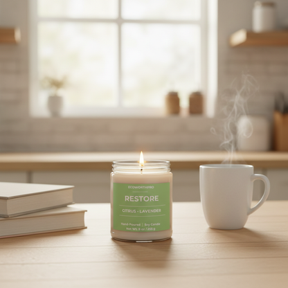 ECOWORTHPRO RESTORE premium candle styled with sliced citrus and lavender for a fresh kitchen atmosphere