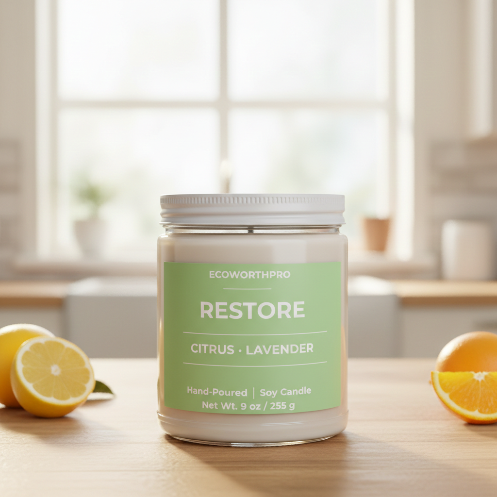 ECOWORTHPRO RESTORE premium candle styled with sliced citrus and lavender for a fresh kitchen atmosphere