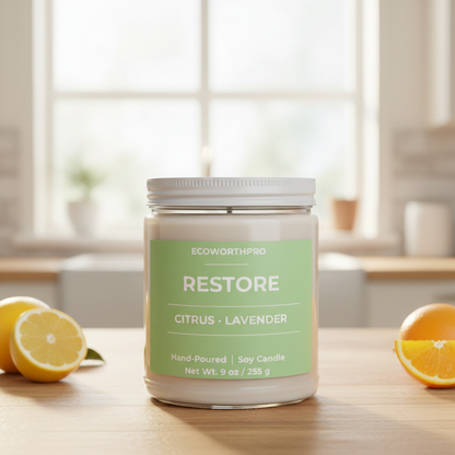 ECOWORTHPRO RESTORE premium candle styled with sliced citrus and lavender for a fresh kitchen atmosphere