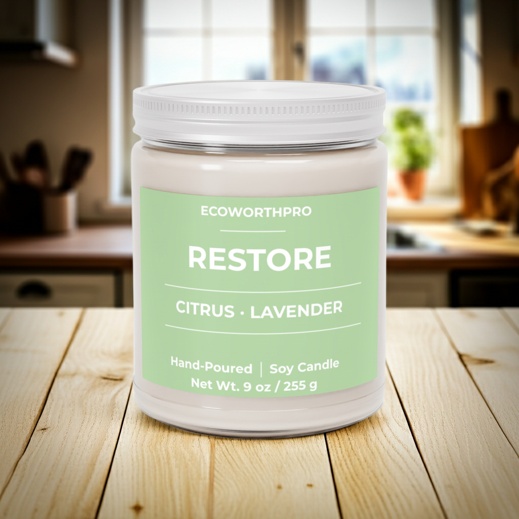 ECOWORTHPRO RESTORE candle close up of clean non-toxic formulation and fragrance oil notes