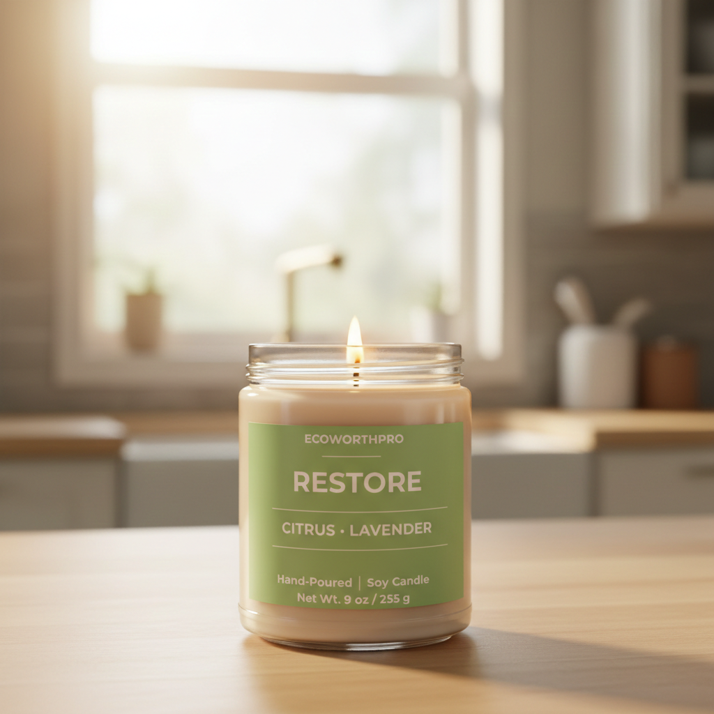 ECOWORTHPRO RESTORE lavender and citrus candle burning brightly with a clean cotton wick
