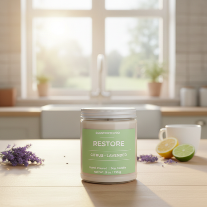 ECOWORTHPRO RESTORE calming lavender scented candle styled with fresh lavender flowers on a kitchen table