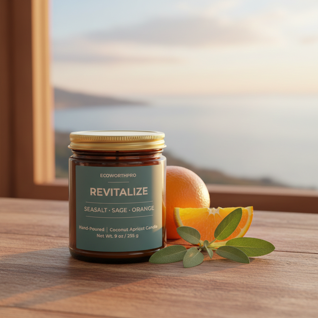 ECOWORTHPRO REVITALIZE orange and patchouli long-burning citrus scented candle on a window sill with fresh oranges and sage leaves