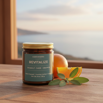 ECOWORTHPRO REVITALIZE orange and patchouli long-burning citrus scented candle on a window sill with fresh oranges and sage leaves