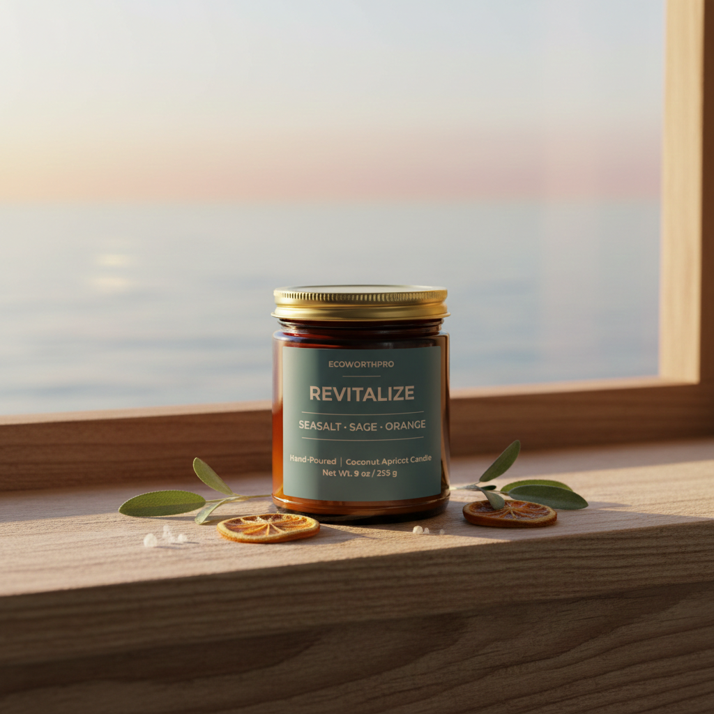 ECOWORTHPRO REVITALIZE orange and sage eco-friendly candle on a window sill with dried orange peel and sage leaves