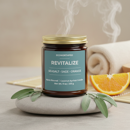 ECOWORTHPRO REVITALIZE sage and orange natural coconut apricot wax candle on a round stone with sage leaves, peeled oranges and clean white towels
