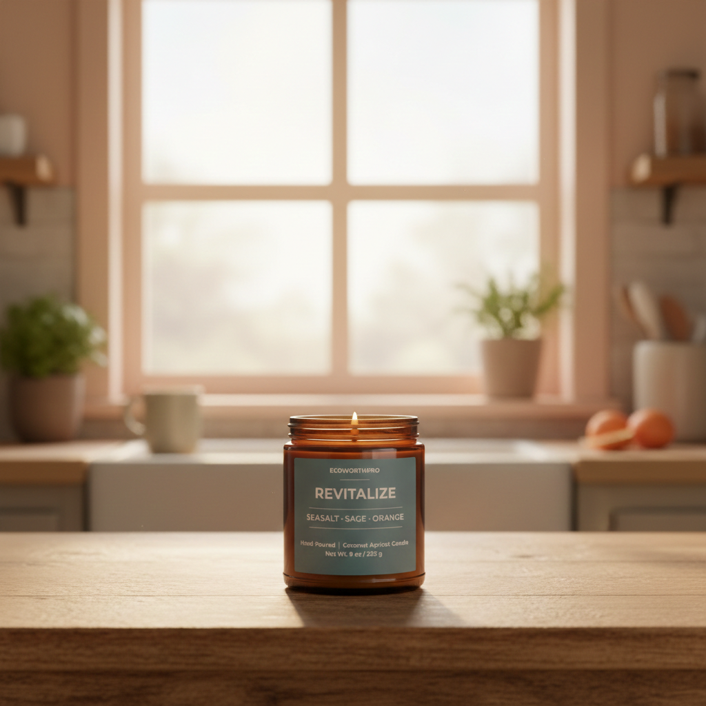 ECOWORTHPRO REVITALIZE sage and sea salt clean-burning coconut apricot wax candle burning on a kitchen worktop