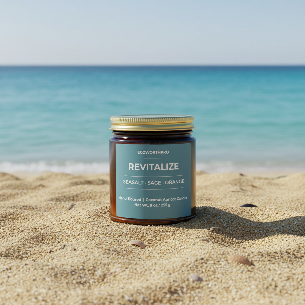 ECOWORTHPRO REVITALIZE sea salt coastal scented candle displayed on beach sand with seashells and small stones facing a peaceful ocean