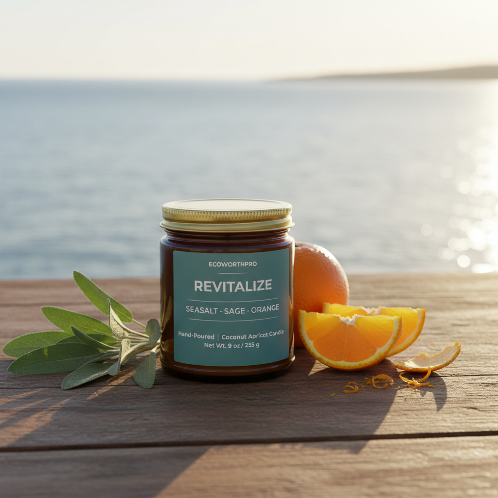 ECOWORTHPRO REVITALIZE sea salt and orange large coconut apricot wax candle on a wooden table overlooking a calm sunset sea surrounded by oranges, sage leaves and orange peel