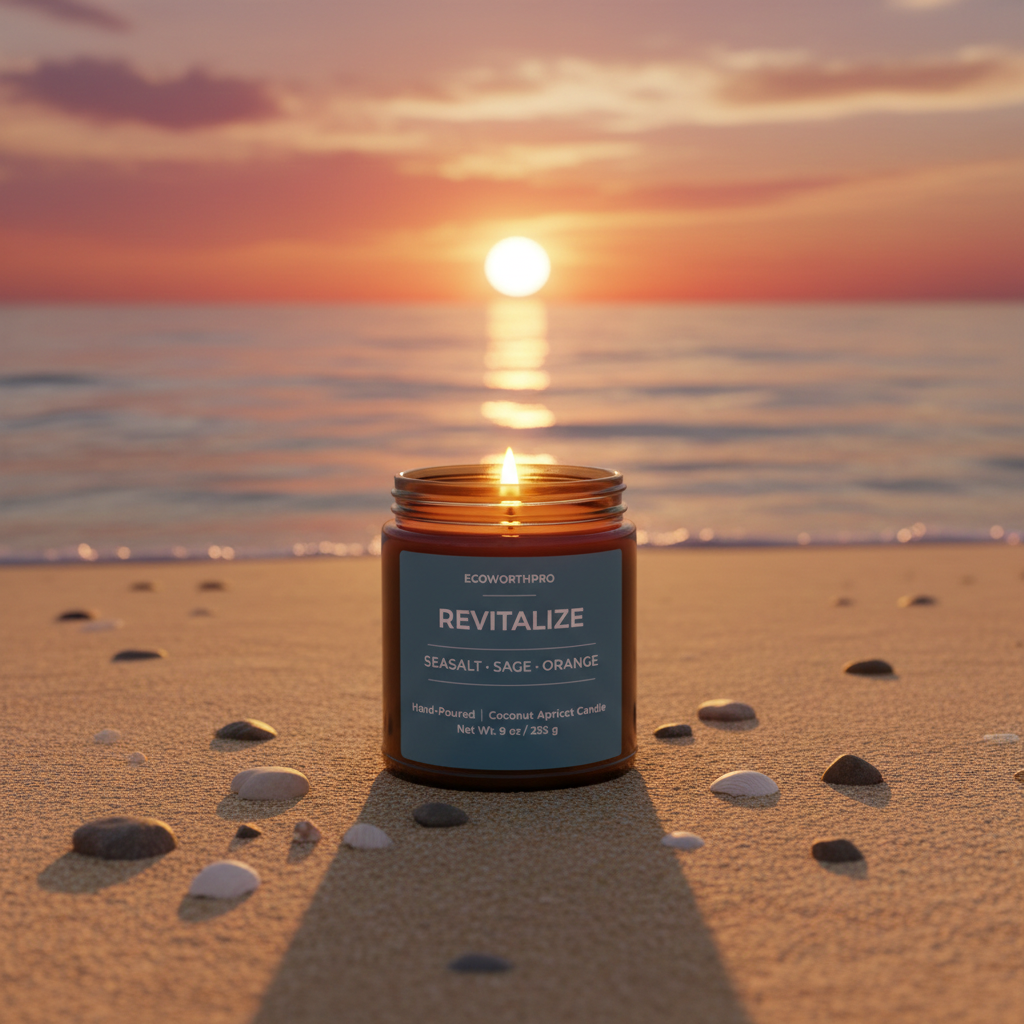 ECOWORTHPRO REVITALIZE sea salt and patchouli hand-poured scented candle burning on beach sand with seashells and stones at sunset