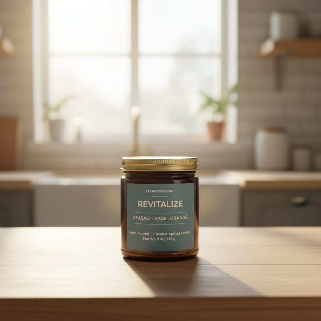 ECOWORTHPRO REVITALIZE sea salt and sage reusable glass jar candle on a kitchen worktop