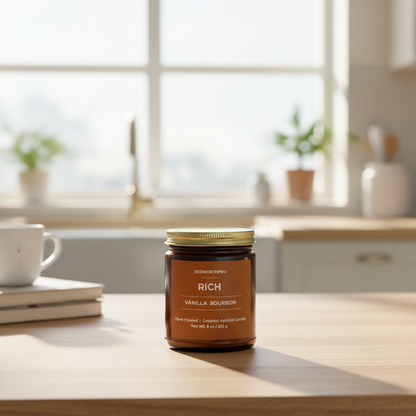 ECOWORTHPRO RICH bourbon and vanilla home fragrance candle on a kitchen worktop beside books with a cup of tea, luxury reusable glass jar dessert candle