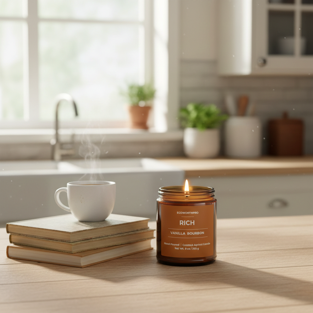ECOWORTHPRO RICH buttercream and vanilla bourbon candle lit on a kitchen worktop beside books with a cup of tea resting on the books, clean-burning dessert scented candle