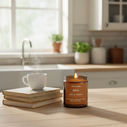 ECOWORTHPRO RICH buttercream and vanilla bourbon candle lit on a kitchen worktop beside books with a cup of tea resting on the books, clean-burning dessert scented candle