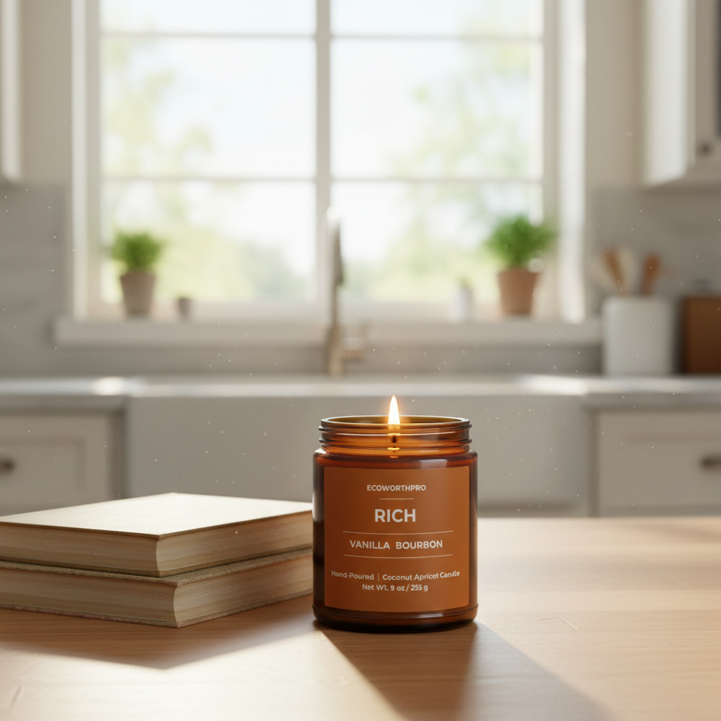 ECOWORTHPRO RICH lit vanilla bean and buttercream scented candle on a kitchen worktop beside books, premium coconut apricot wax candle with warm dessert fragrance